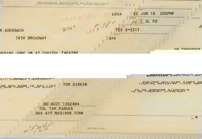 Tom Diskin 1957 Telegram Sent to Jean Aberbach