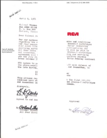 RCA Document For Advance Signed Elvis, Col. Parker
