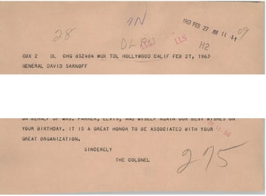 Col. Tom Parker 1963 Telegram to RCA David Sarnoff