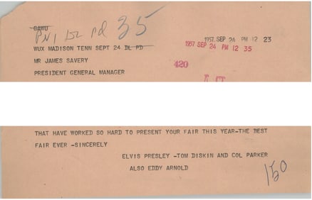 Elvis and Col. Parker 1957 Telegram to James Savery