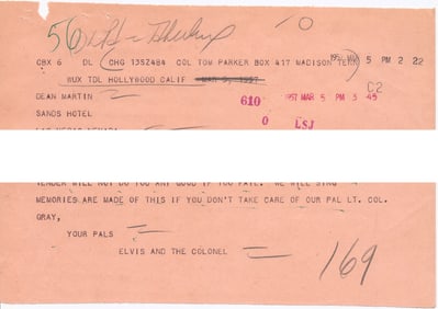 Elvis and Col. Parker 1957 Telegram to Dean Martin