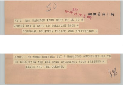 Elvis and Col. Parker 1957 Telegram to Johnny Ray
