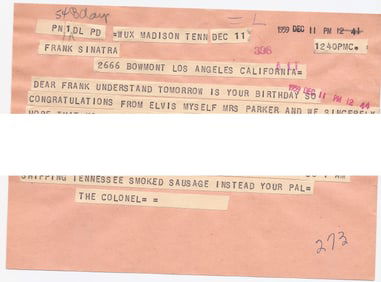 Col. Tom Parker 1959 Telegram Sent to Frank Sinatra
