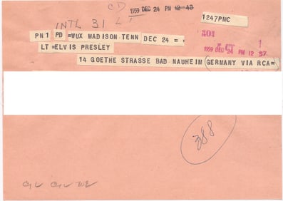 Col. Tom Parker Christmas 1959 Telegram to Elvis