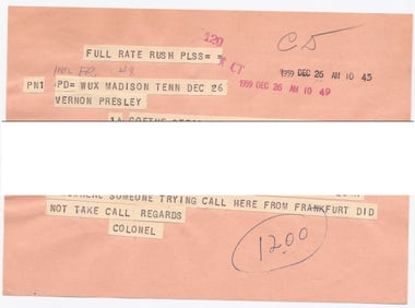 Col. Tom Parker 1959 Telegram to Vernon Presley