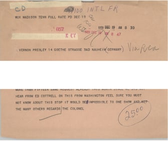 Col. Tom Parker 1959 Telegram to Vernon Presley