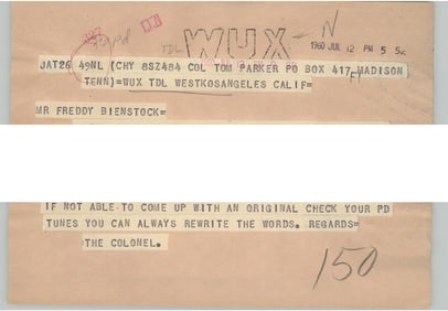 Col. Tom Parker 1960 Telegram to Freddy Bienstock