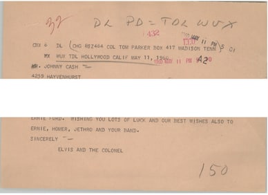 Elvis and Col. Parker 1960 Telegram to Johnny Cash