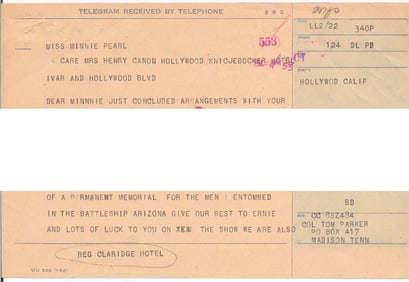 Col. Tom Parker 1961 Telegram Sent to Minnie Pearl
