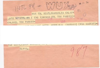 Elvis Presley 1961 Telegram Sent to Col. Tom Parker