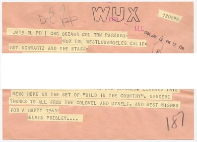 Elvis Presley 1961 Telegram Sent to WIBG Radio