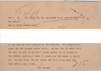 Col. Parker Telegram to Hal Wallis RE "Blue Hawaii"