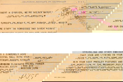 Col. Tom Parker Telegram to MGM Exec Robert O'Brien