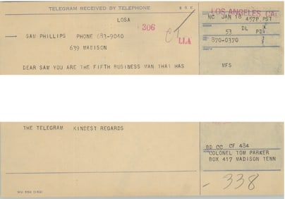 Col. Tom Parker Telegram Sent to Sam Phillips