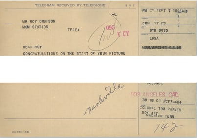 Elvis and Col. Parker Telegram Sent to Roy Orbison
