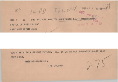 Col. Parker and Elvis Telegram to Patsy Cline Family