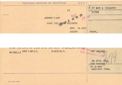 Col. Tom Parker 1969 Telegram Sent to Johnny Cash
