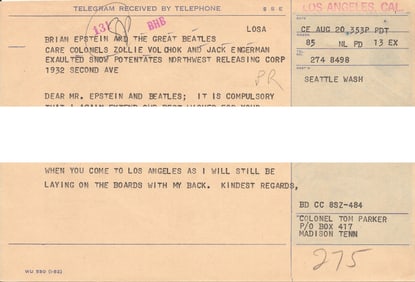 Col. Parker and Elvis Telegram Sent to The Beatles
