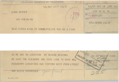 Col. Parker and Elvis Telegram Sent to Bing Crosby