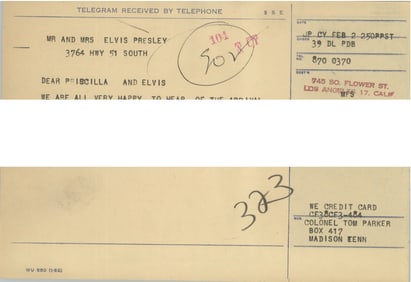 Elvis and Priscilla Telegram RE Lisa Marie Birth