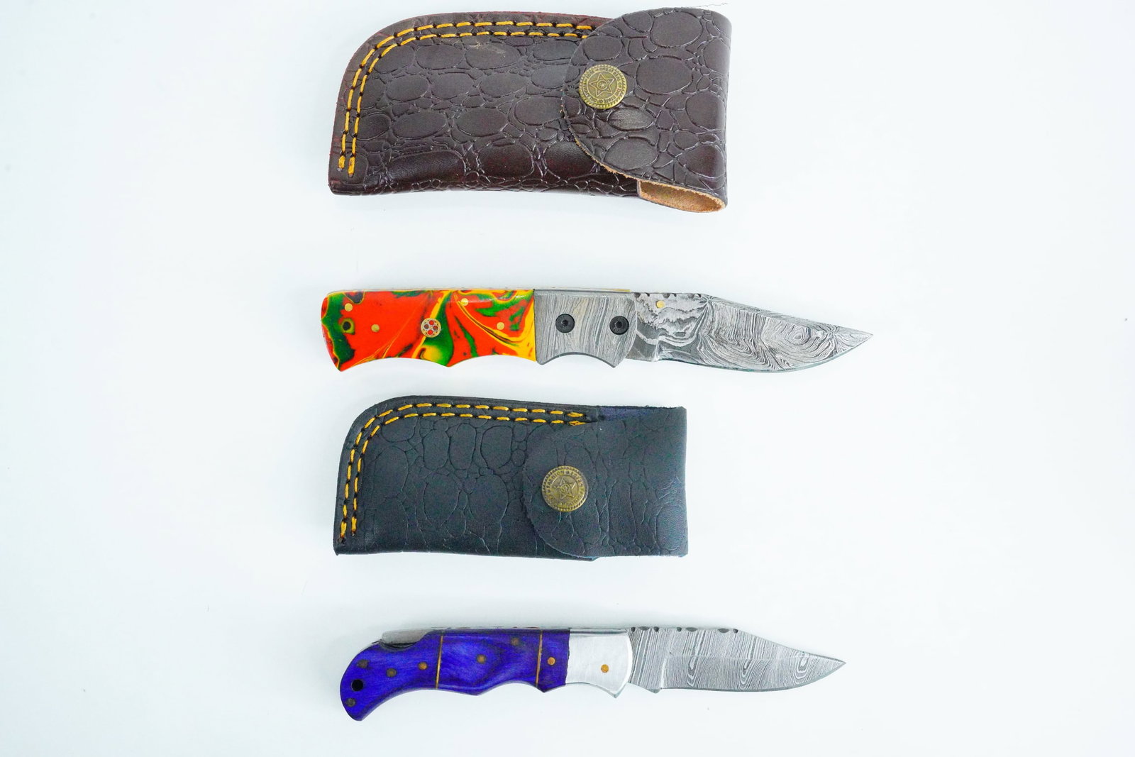 Lot of (2) Handmade Damascus Steel Pocket Knives (1 of 14)