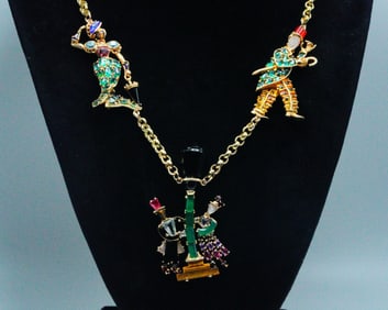 1960s 14K Yellow Gold and Gemstone Figure Necklace