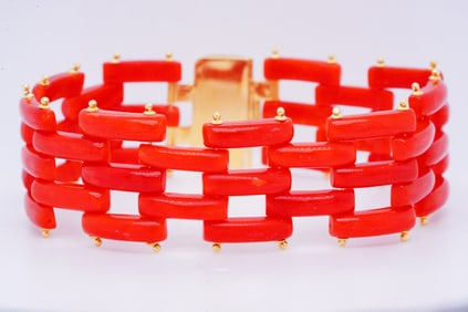 Sito Italy 14mm Coral and 18K Yellow Gold Bracelet