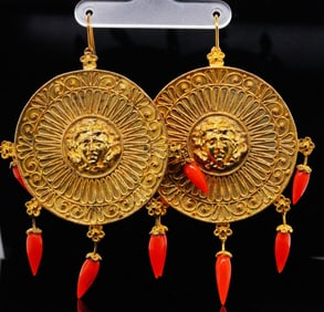 13mm Coral and Gold Plated Sterling 3.25" Earrings