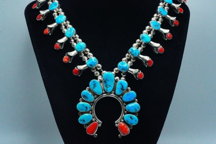 Turquoise, Coral, Sterling Squash Blossom Necklace