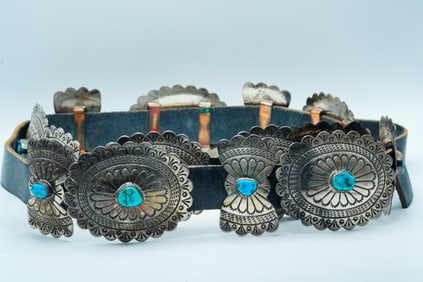 Navajo Turquoise, Sterling and Leather Concho Belt