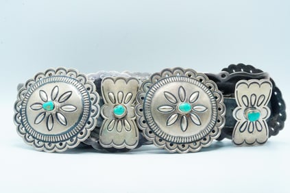 Turquoise, Sterling Silver and Leather Concho Belt
