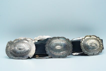 Navajo Sterling Silver and Leather Concho Belt