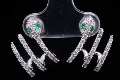 1.00ctw Diamond and 14K Snake Earrings W/Emeralds