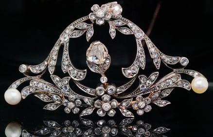 3.00ctw Diamond, GIA Akoya Pearl Silver/18K Brooch