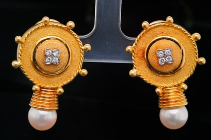 9mm Pearl and 18K Yellow Gold Earrings W/Diamonds