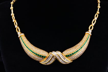11.00ctw Diamond, 3.85ctw Emerald and 18K Necklace