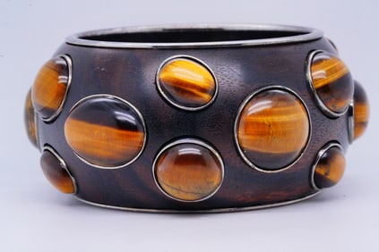 Bottega Veneta Tiger Eye, Wood and Sterling Bangle