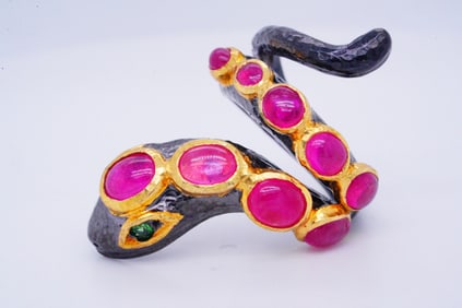 Handmade 4.00ctw Ruby, Silver, Vermeil Snake Ring