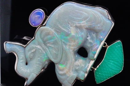 AKR Opal and Sterling Elephant Brooch