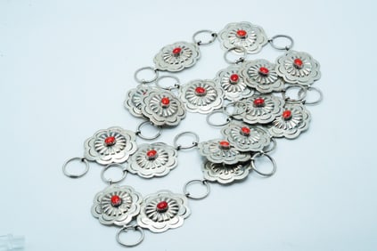 Navajo 6mm Red Coral and Sterling 37" Concho Belt