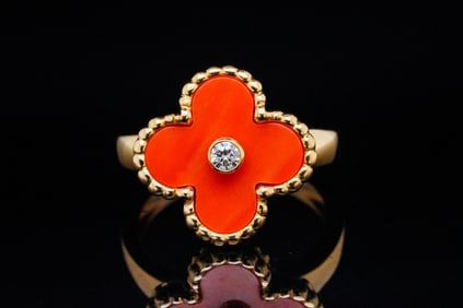 Van Cleef & Arpels Coral, Diamond and 18K Alhambra Ring