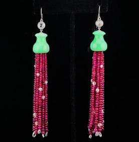 50ctw Ruby, 11.50ctw Diamond, Jade, 14K Earrings