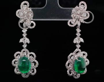 7.40ctw Emerald, 3.65ctw Diamond and 18K Earrings