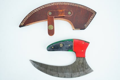 Handmade Damascus Steel Ulu Knife W/Wood Handle