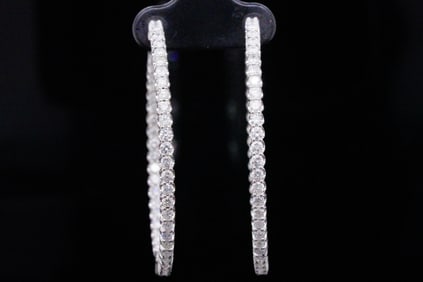 3.35ctw Diamond and 14K White Gold 1.75" Hoop Earrings