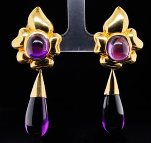 18K Yellow Gold and Amethyst 2.5" Drop Earrings