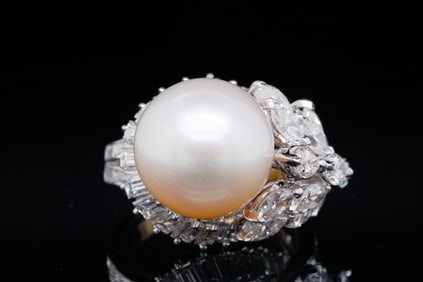 14.5mm Pearl, 4.65ctw Diamond and Platinum Ring