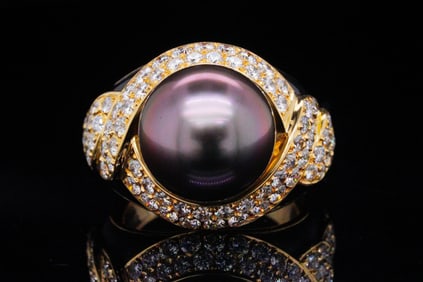 12mm Tahitian Pearl, 1.65ctw Diamond, Enamel and 18K Ring