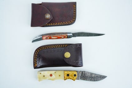 Lot of (2) Handmade Damascus Steel Pocket Knives