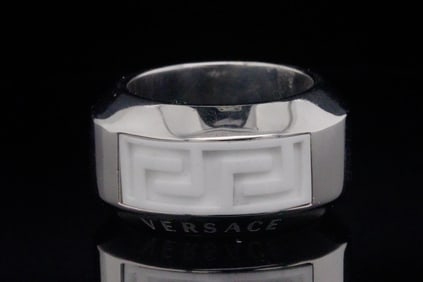 Versace 18K & White Ceramic 12.5mm Wide Greca Ring